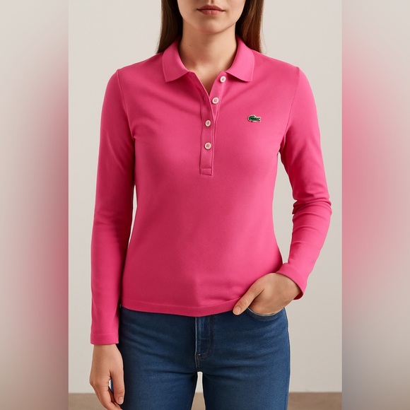 Lacoste Pink Long Sleeve Polo Shirt Women’s Size 38 Small Stretch Croc Logo - Picture 1 of 11